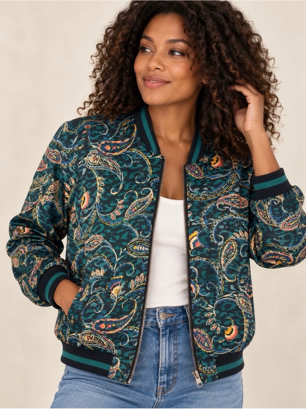 Johnny Was Reversible Bomber Jacket 100% Silk Size Large